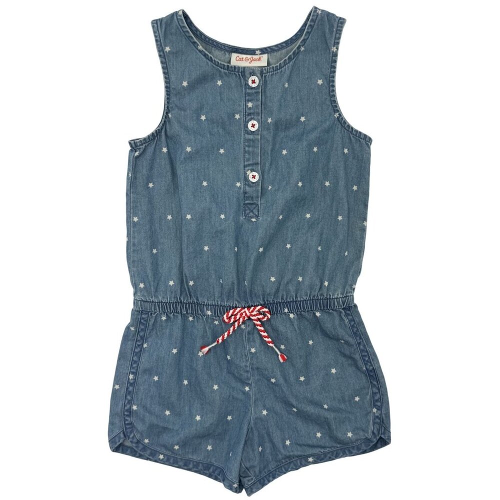 Cat & Jack Girls 4T Blue Romper With Stars 100% Cotton Sleeveless 4 july Style - Picture 1 of 11